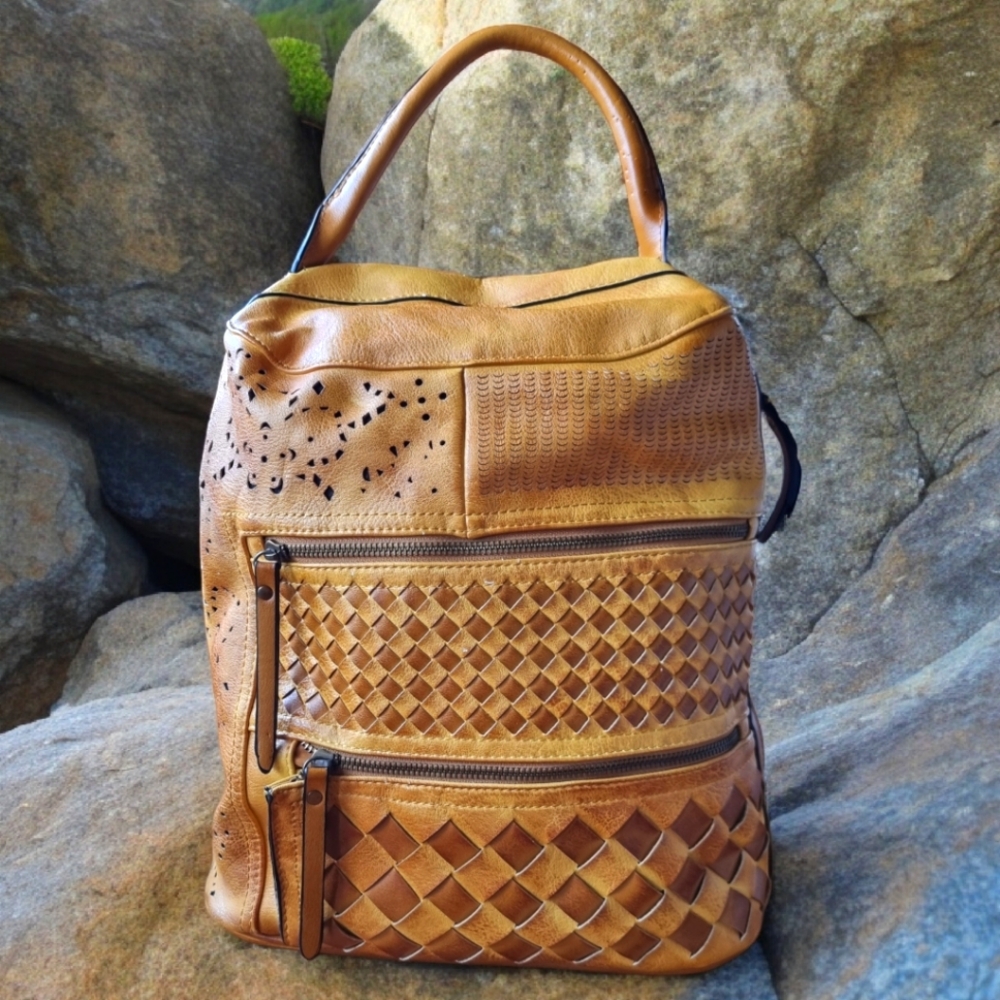 Woven Zippered Vintage Backpack With Cut-Outs